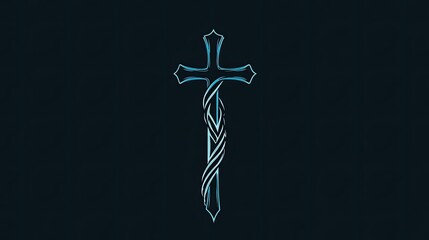 Glowing blue cross with intertwined design on dark background.