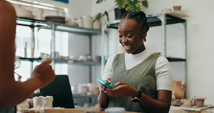 Happy woman, cashier and customer with pos machine for payment, transaction or tap to buy at ceramic store. Female person, shopper and paying with credit card or NFC for pottery shopping or purchase
