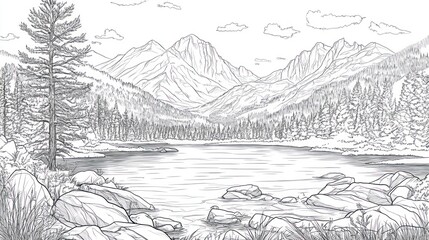 Serene mountain lake, tranquil forest backdrop, peaceful nature scene, coloring page
