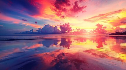 Vibrant Sunset Hues Reflecting on Serene Beach