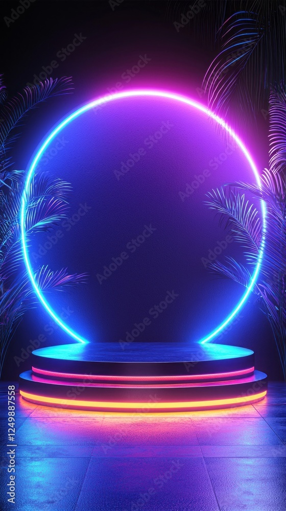Poster this vibrant setting features glowing geometric forms and a striking archway, ideal for product disp
