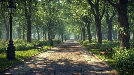 Fototapeta premium Sunny park pathway lined with trees, benches and lampposts