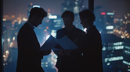 Nighttime Business Meeting Silhouettes Against Cityscape