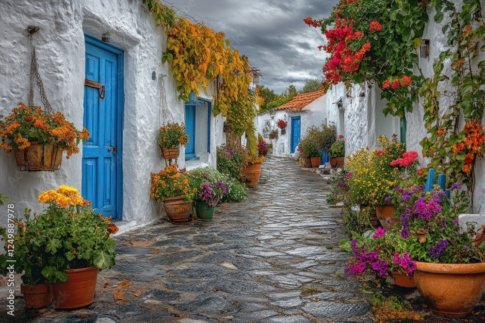 Wall mural Colorful flowers adorn a picturesque cobblestone street lined with whitewashed houses.