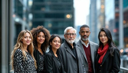 Fototapeta premium Diverse Group of Six People: Professional Portraits in Modern City Setting with Soft Lighting and Neutral Tones