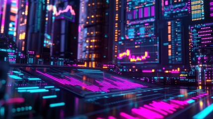Obraz premium Futuristic cityscape with vibrant neon lights and digital displays showing stock market data.