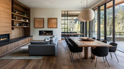 Modern living room with large windows, fireplace, wooden dining table, and built-in shelving.