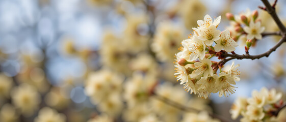 Naklejka premium Flowering branches adorned with delicate pale yellow blossoms showcasing a serene and tranquil atmosphere in a softly blurred natural background