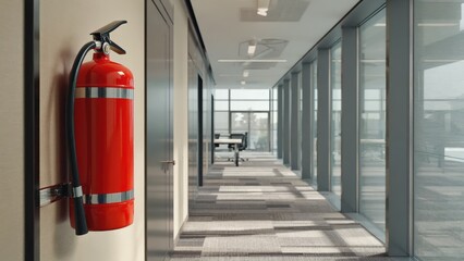 Red fire extinguisher in modern office hallway