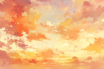 Fototapeta premium 夕焼け空、夕日、オレンジ、水彩イラスト