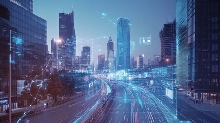 Obraz premium Futuristic Urban Landscape with Data Overlays and Modern Architecture