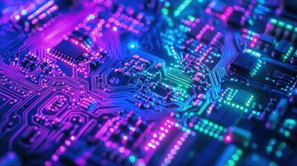 Fototapeta premium Close-up of vibrant purple and blue circuit board with glowing components and intricate pathways.