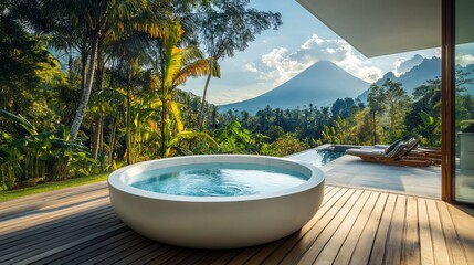 Modern hot tub on a deck overlooking a lush tropical landscape with a volcano in the background.