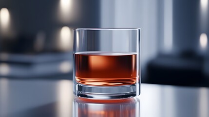 Create a minimalist composition featuring a glass cup filled with bright orange liquid, set on a glossy white surface. A strong, angular highlight