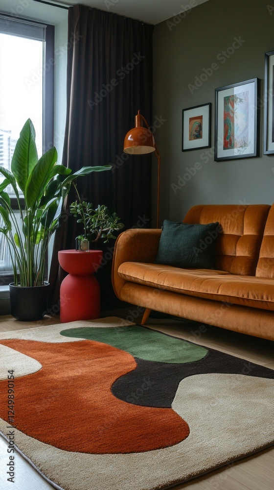 Poster a stylish lounge area showcases a brown and dark green retro rug with abstract patterns, complimente