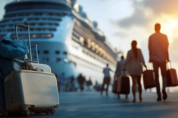 Obraz premium Cruise travelers boarding with suitcases at sunset