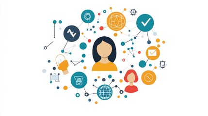 Illustrative representation of digital communication concepts featuring a central figure surrounded by various technology and networking symbols for modern connectivity.