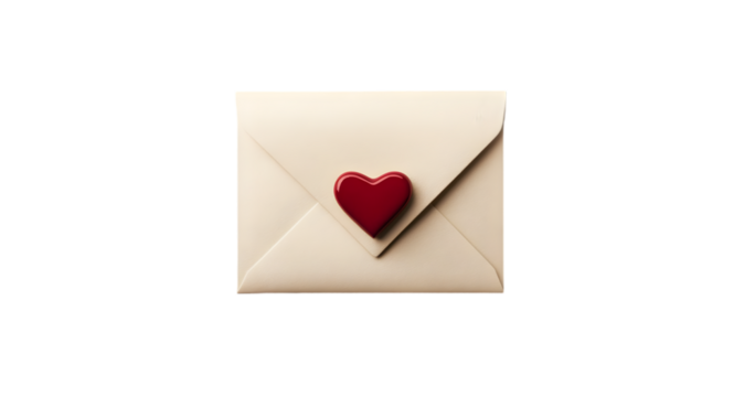 Elegant Beige Envelope with Red Heart Wax Seal on a White Background, Symbolizing Love, Romance, and Valentine's Day