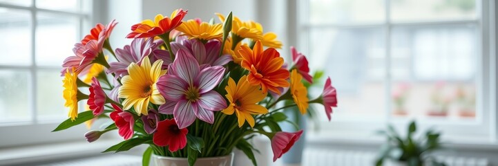 Colorful bouquet of flowers with a cheerful mood representing beauty against a bright indoor backdrop