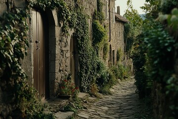 Naklejka premium Ivy-covered stone houses line a narrow, cobblestone pathway in a quaint village.