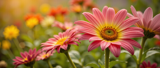 Vibrant pink daisies with yellow centers showcasing delicate petals in a lush garden during golden hour exuding a serene and joyful atmosphere