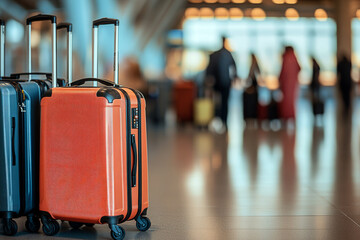 Brightly colored suitcases in a busy airport terminal with blurred travelers in the background