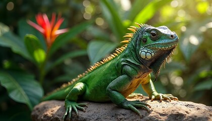 Obraz premium Green Iguana Resting on Rock with Lush Tropical Foliage Behind