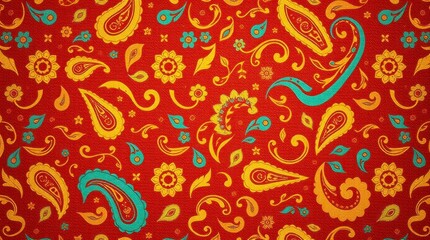 Red Paisley Floral Pattern Textile Design Background