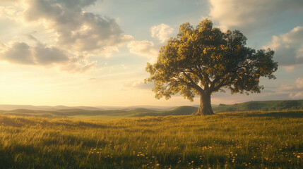 Obraz premium A tranquil nature landscape featuring a rolling meadow with rich green pastures, a majestic oak tree standing proudly against an open sky