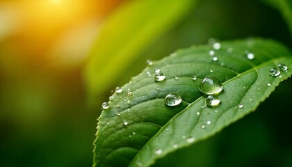 Dew Drops on Green Leaf Sparkling in Sunlight After Rain