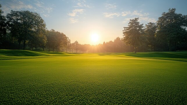 Sunrise on a golf course fairway with trees in the background