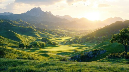 Obraz premium Sunrise over valley golf course, mountains, birds. Possible use travel brochure, nature calendar