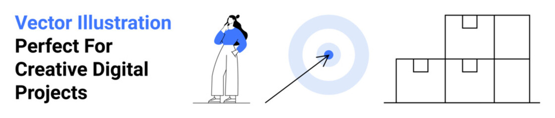 Woman thinking, target with arrow, stacked boxes. Ideal for teamwork, planning, leadership, goal setting, business strategy decision-making success themes. Perfect flat landing page banner