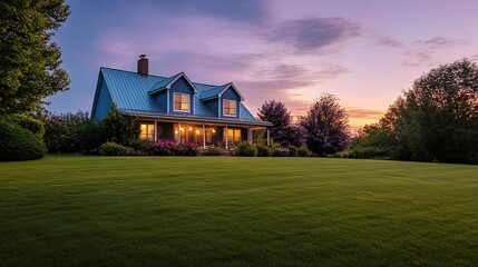 Obraz premium Suburban house with blue siding, metal roof, and front porch at sunset.