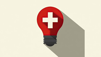 Obraz premium Red lightbulb with white cross, flat design, long shadow, healthcare idea.