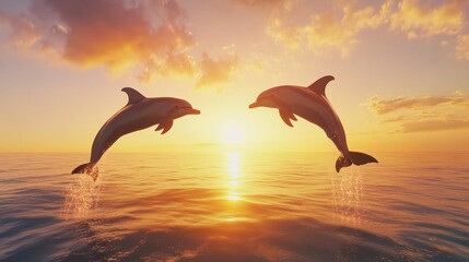 Fototapeta premium Dolphins leaping into the sunset