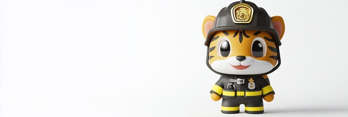 Fototapeta premium Cute tiger firefighter cartoon character in uniform, standing against white background.