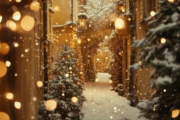 Snowy alleyway with Christmas trees and lights at night.