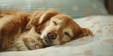 Obraz premium A golden retriever and a kitten peacefully sleeping together on a cozy bed, showcasing their adorable friendship and warmth.
