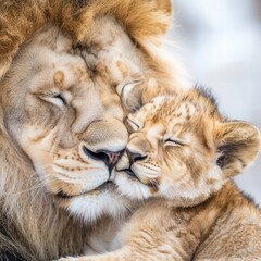 Naklejka premium A heartwarming image of a lion and its cub sharing a tender moment, showcasing their strong bond and affection.