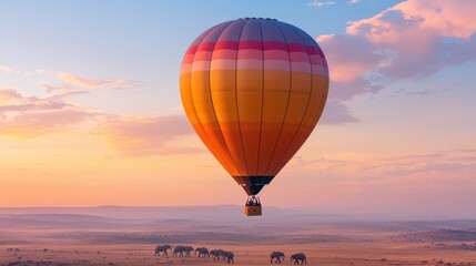Obraz premium A vibrant hot air balloon floats in the sky at sunset, overlooking a serene landscape with elephants grazing below.