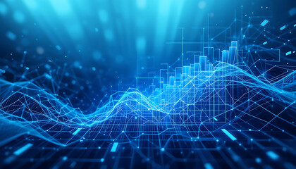 Blue stock market graph and data analytics with tecnology background. blue tecnology background. Digital business trends, economic progress. trading, economy, financial growth, business trends