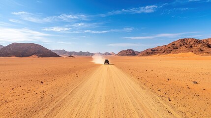 Naklejka premium A vehicle travels along a dusty road through a vast desert landscape under a clear blue sky, surrounded by mountains.