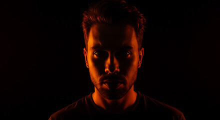 Intense Gaze A Dramatic Portrait of a Man Lit by Fiery Orange Light Against a Pitch Black Background