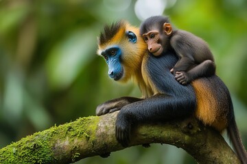 Fototapeta premium A mother monkey carrying her baby on a mossy branch in a lush green forest.