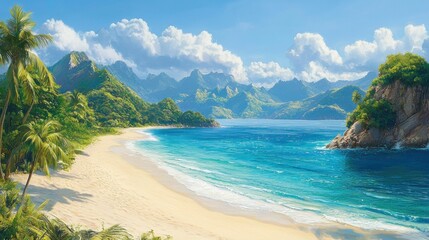 Naklejka premium Tropical beach paradise, sunny, calm scene, mountains in background
