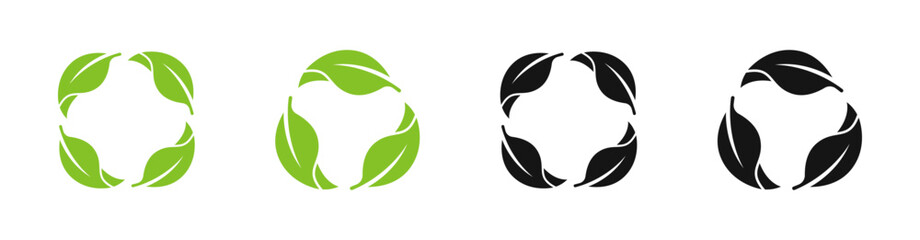 Recycle symbols. Recycle vector icons. Recycle vector icon set. Leaf recycle eco green symbol. Rounded leaes. Recycling leaves. ECO leaves. Green leaves