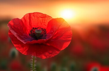 Single red poppy flower at sunset in a field.