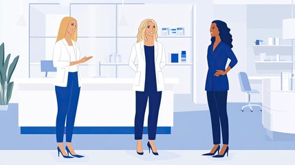 Obraz premium Three professional women in a modern office setting, engaging in conversation.