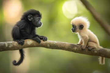 Fototapeta premium Two baby monkeys, one black, one light beige, sit on a tree branch facing each other in a lush green forest.